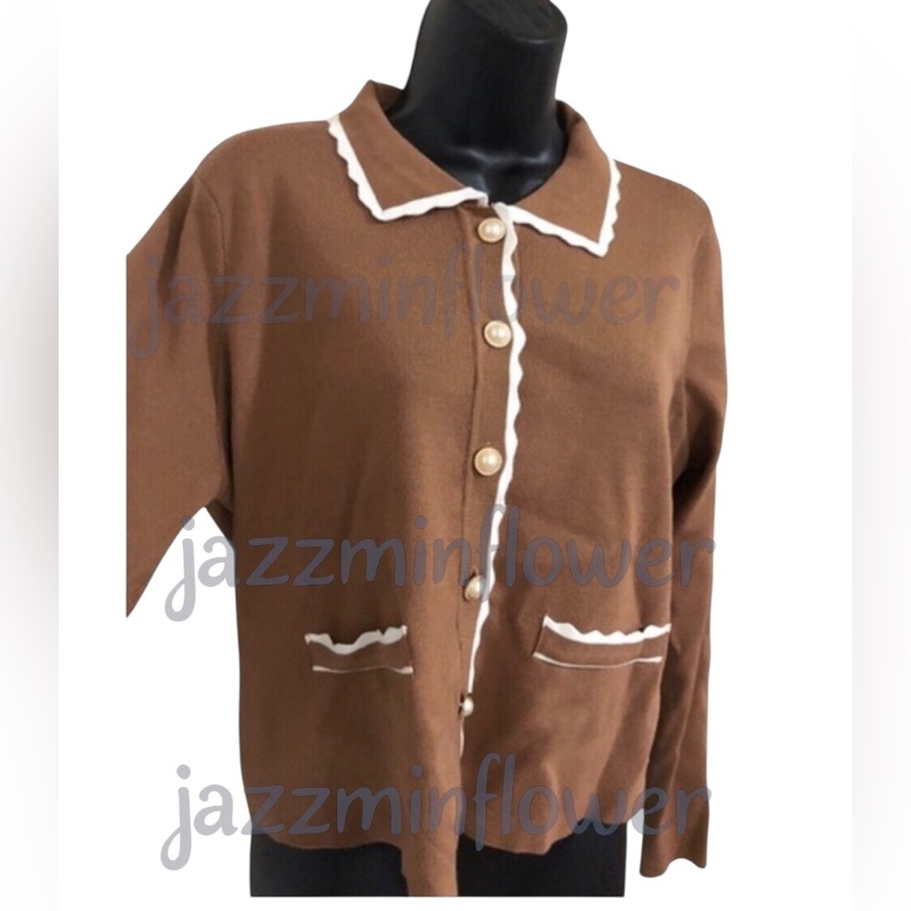 Brown white scallop trim pearl button long sleeve cardigan sweater size medium